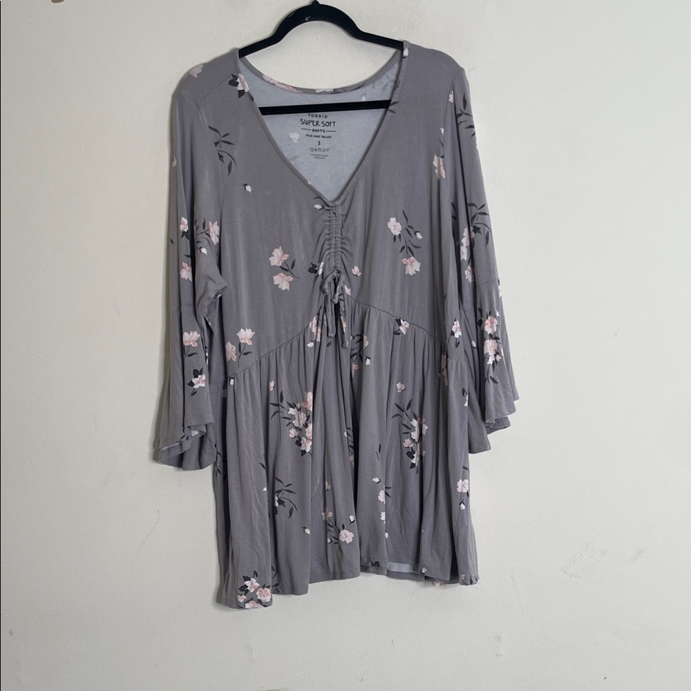 torrid Gray Floral V-Neck Drawstring Tunic Top